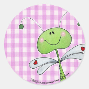 Dragon Fly on Pink Gingham Runder Aufkleber