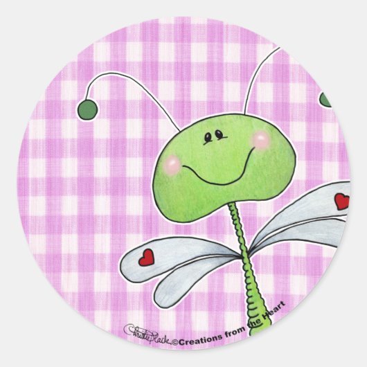 Dragon Fly on Pink Gingham Runder Aufkleber (Vorderseite)