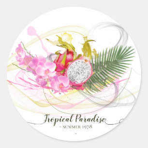 Dragon Fruit and Pink Orchid Tropical Calligraphy Runder Aufkleber
