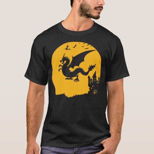 Dragon Halloween Bats Witch Haunted House Design T-Shirt (Vorderseite)