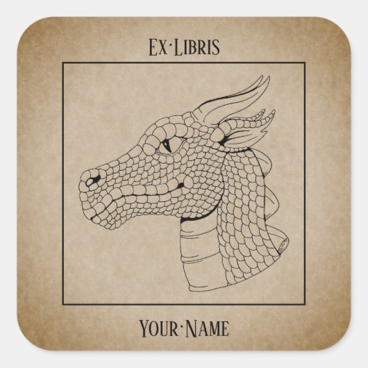 Dragon Head in Profile B&W Buchzeichen Quadratischer Aufkleber (Vorderseite)