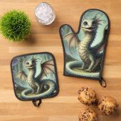 Dragon Jabberwocky Niedlich Fantasy Creative Art Ofenhandschuh & Topflappen-Set (Oben Unten)