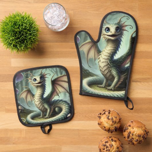 Dragon Jabberwocky Niedlich Fantasy Creative Art Ofenhandschuh & Topflappen-Set (Oben Unten)
