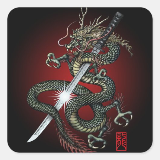 Dragon katana3 quadratischer aufkleber (Vorderseite)
