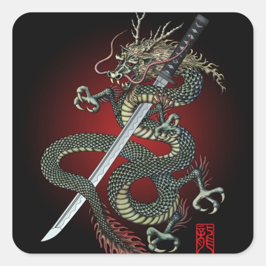 Dragon katana quadratischer aufkleber (Vorderseite)
