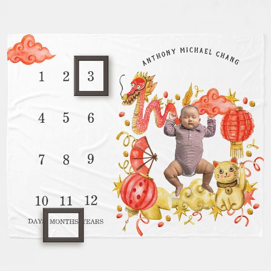 Dragon & Lucky Cat | Baby Milestone Blanket Fleecedecke