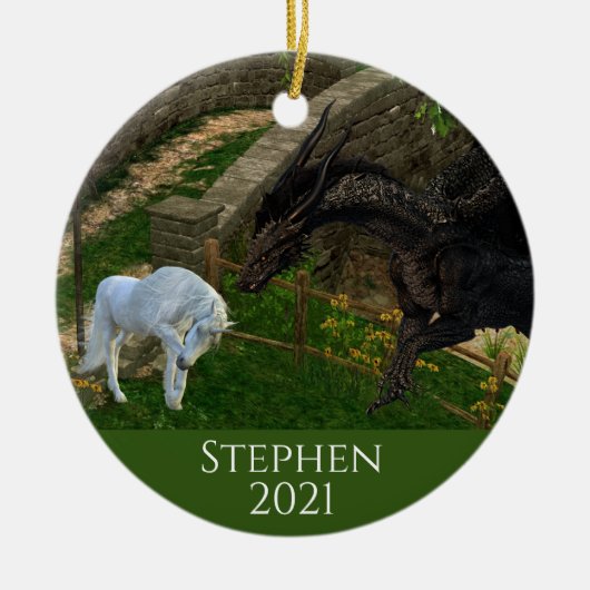 Dragon Meets Unicorn Fantasy Keramik Ornament (Vorne)