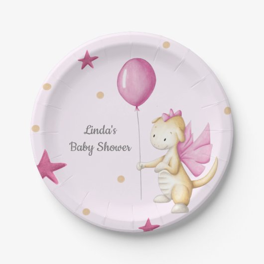 Dragon mit Balloon Light Pink Girl Baby Dusche Pappteller (Vorderseite)
