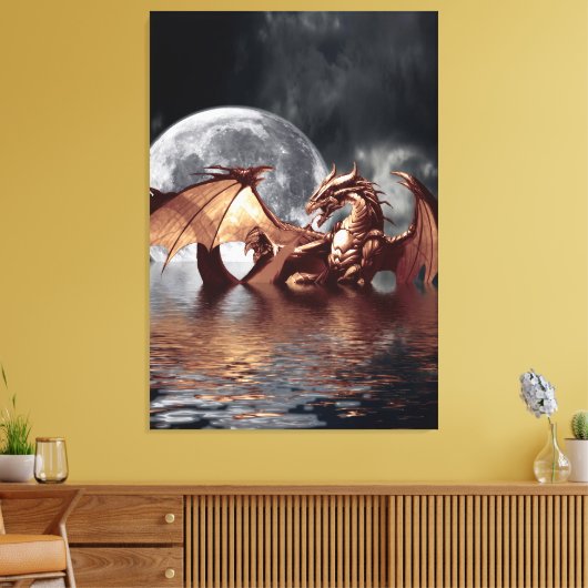Dragon & Moon Fantasy Art Print Leinwanddruck (Insitu (Wohnzimmer))