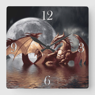 Dragon & Moon Fantasy Wall Clock Quadratische Wanduhr