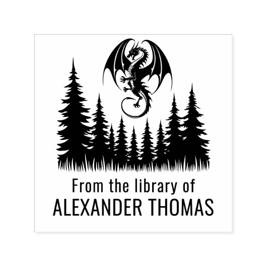 Dragon oberhalb des Bibliotheksnamens "Fir Trees" Permastempel (Design)