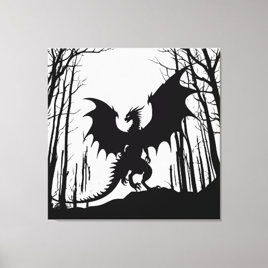 Dragon on White - Fantasy - Schwarze Silhouette | Leinwanddruck (Vorderseite)