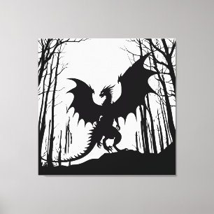 Dragon on White - Fantasy - Schwarze Silhouette Leinwanddruck