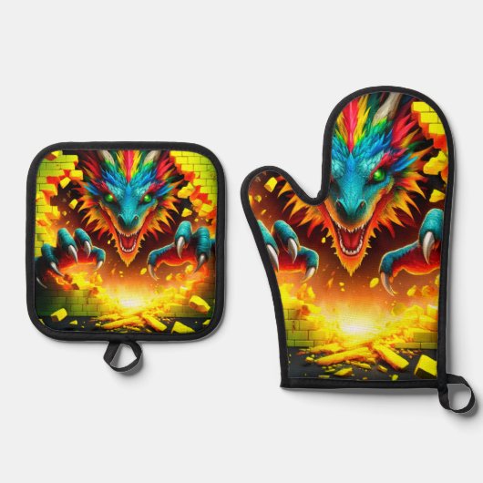 Dragon Oven Mitt and Pot Holders Ofenhandschuh & Topflappen-Set (Vorderseite)
