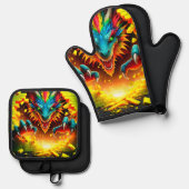 Dragon Oven Mitt and Pot Holders Ofenhandschuh & Topflappen-Set (Vorderseite/Rückseite)
