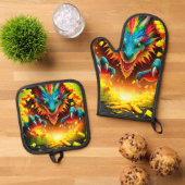Dragon Oven Mitt and Pot Holders Ofenhandschuh & Topflappen-Set (Oben Unten)