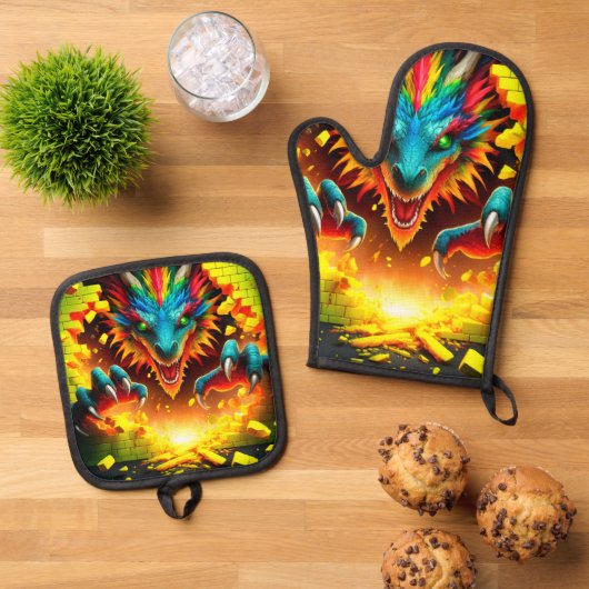Dragon Oven Mitt and Pot Holders Ofenhandschuh & Topflappen-Set (Oben Unten)