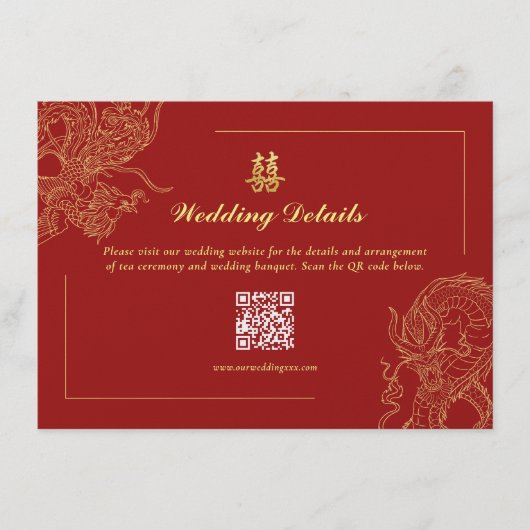 Dragon Phoenix Chinese Wedding Details QR Code Begleitkarte (Vorderseite)