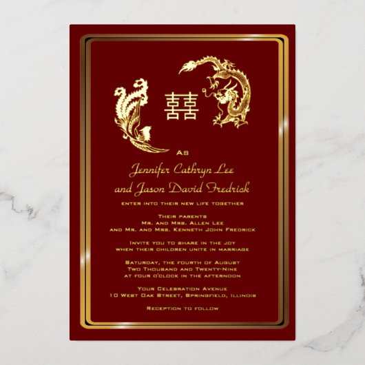 Dragon Phoenix Double Happiness Wedding Gold Folieneinladung (Vorderseite)
