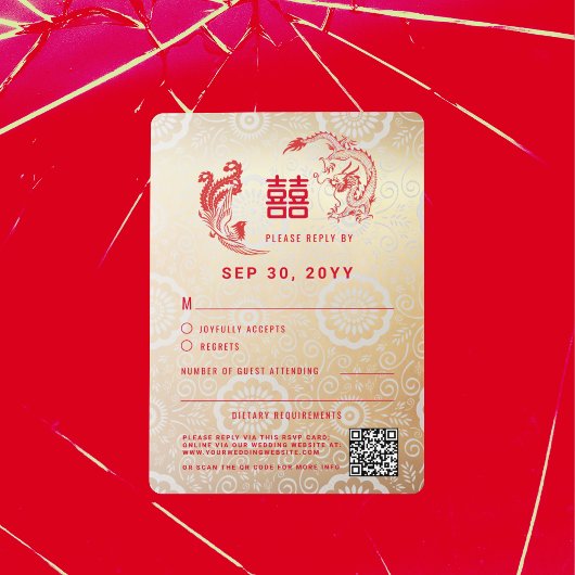 Dragon Phoenix Double Xi Chinese Wedding RSVP Card Einladung