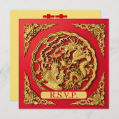 Dragon Phoenix Red Gold Chinese Wedding RSVP Einladung (Vorne/Hinten)