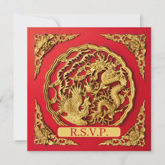 Dragon Phoenix Red Gold Chinese Wedding RSVP Einladung (Vorderseite)
