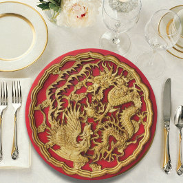 Dragon Phoenix Red Gold Chinesische Hochzeit Pappteller