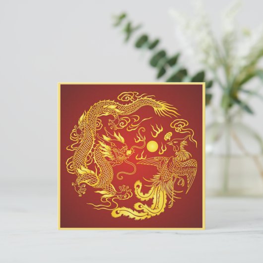 Dragon Phoenix Red Gold Chinesische Hochzeitseinla Einladung (Stehend Vorderseite)