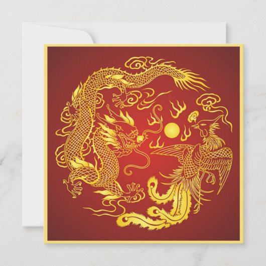 Dragon Phoenix Red Gold Chinesische Hochzeitseinla Einladung (Vorderseite)