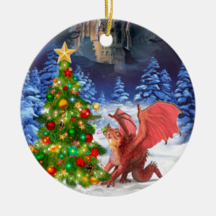 Dragon Pulling on Christmas Tree Keramikornament