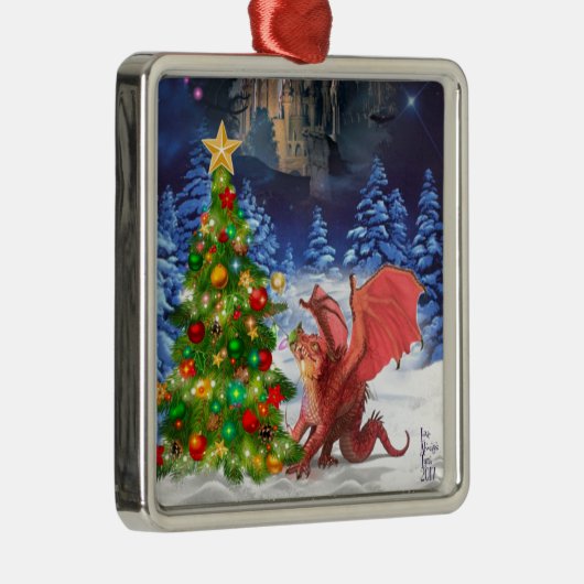 Dragon Pulling on Christmas Tree Silbernes Ornament (Rechts)