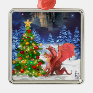 Dragon Pulling on Christmas Tree Silbernes Ornament
