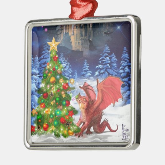 Dragon Pulling on Christmas Tree Silbernes Ornament (Links)