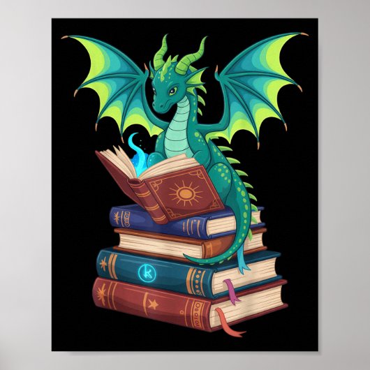 Dragon Reading Books Fantasy Lovers Mythical Creat Poster (Vorne)