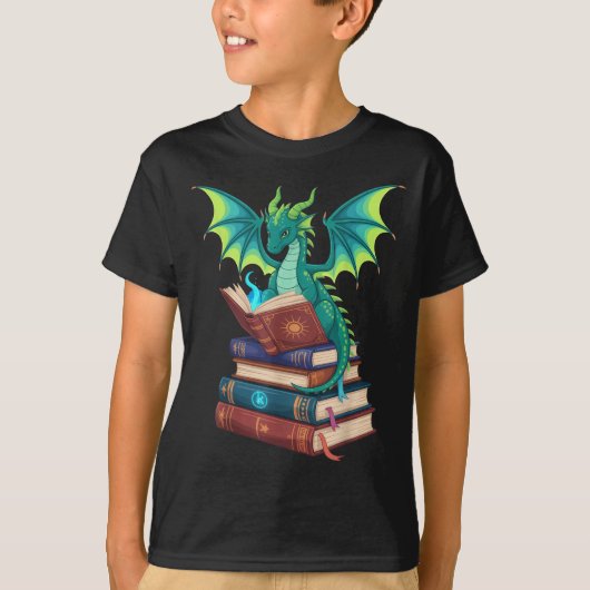 Dragon Reading Books Fantasy Lovers Mythical Creat T-Shirt (Vorderseite)