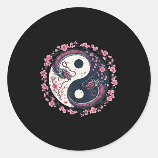 Dragon Sakura Yin Yang Japanisch Kirschblüten Wo Runder Aufkleber (Vorderseite)