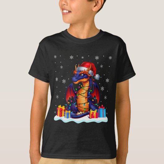 Dragon Santa Hat Christmas Tree Light Xmas Pajama T-Shirt (Vorderseite)