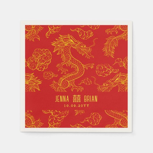Dragon Style Double Happy Gold und Rot Serviette (Vorderseite)
