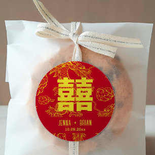 Dragon Style Double Happy Symbol Red+Gold Runder Aufkleber