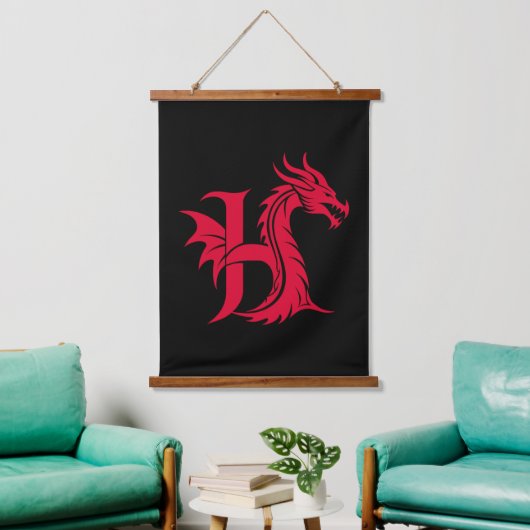 Dragon Styled Letter H, Dragon Alphabet, Monogram Wandteppich Mit Holzrahmen (Wohnzimmer)