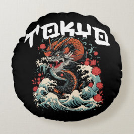 Dragon tanzt japanische Retro Seascape Rundes Kissen