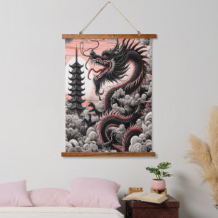 Dragon Temple Tapestry Wandteppich Mit Holzrahmen
