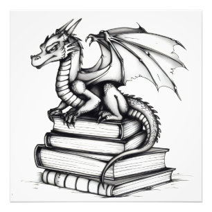 Dragon und Books Line Art Fotodruck