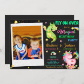 Dragon und Einhorngeburtstag Einladung Junge & Mäd (Vorne/Hinten)