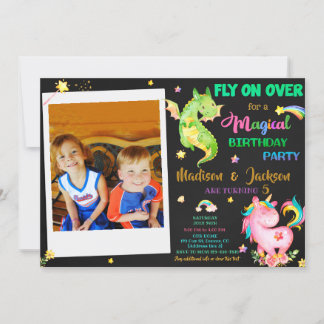 Dragon und Einhorngeburtstag Einladung Junge & Mäd