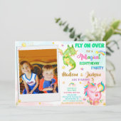 Dragon und Einhorngeburtstag Einladung Junge & Mäd (Stehend Vorderseite)