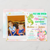 Dragon und Einhorngeburtstag Einladung Junge & Mäd (Vorne/Hinten)