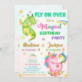 Dragon und Einhorngeburtstag Einladung Junge & Mäd (Vorne/Hinten)