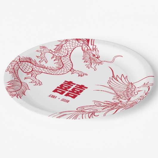 Dragon und Phoenix-Konflikt | Doppeltes Glück Pappteller (Schrägansicht)