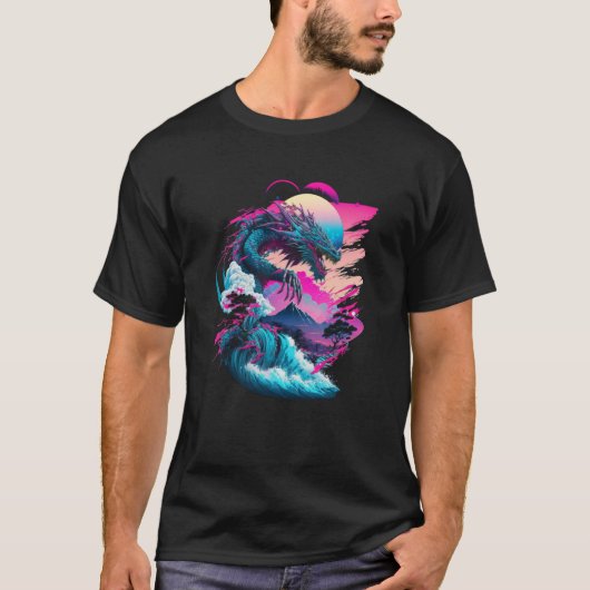 Dragon Vaporwave Abstract Landscape Moon Tree Wate T-Shirt (Vorderseite)